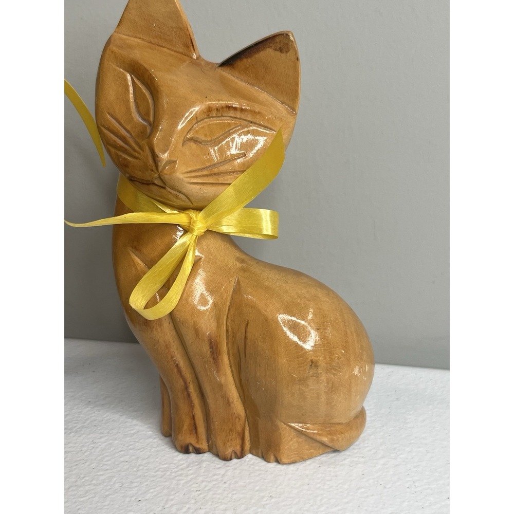 Vtg Wood Hand Carved Siamese Cat Pair Lot Of 2 With Yellow Ribbon - Picture 2 of 14